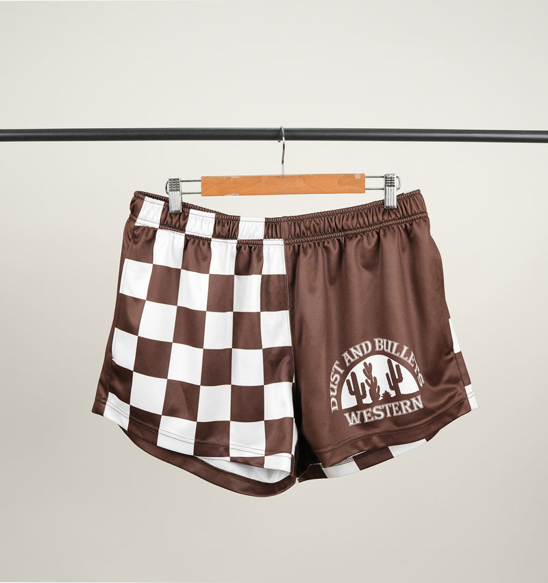 Chocolate Check Western Footy Shorts – Unisex Gingham