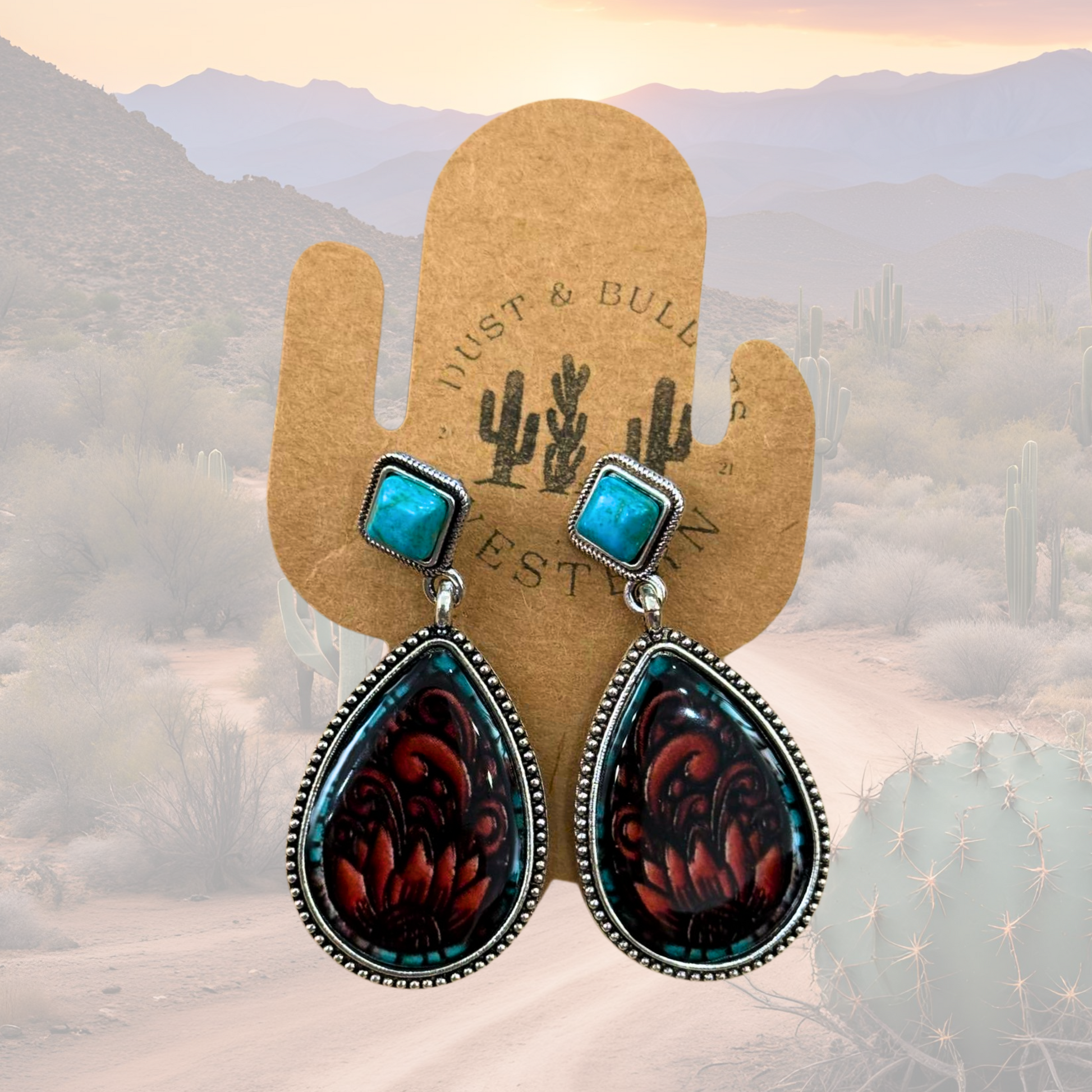 Turquoise & Brown Western Style Earring - Cactus & Sunflower Design