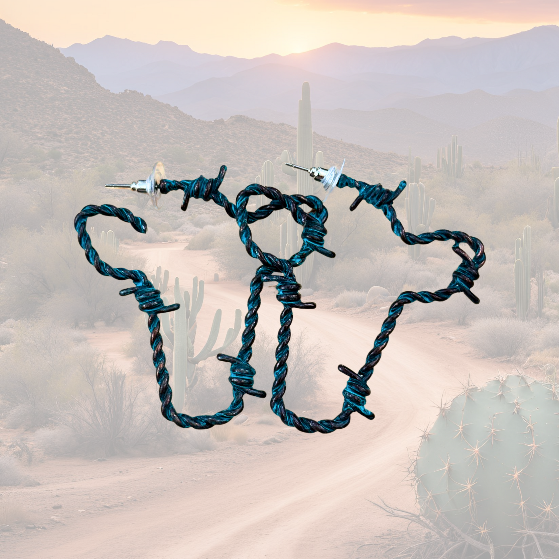 Barb Wire Turquoise Look Cow Head Western Style Earring