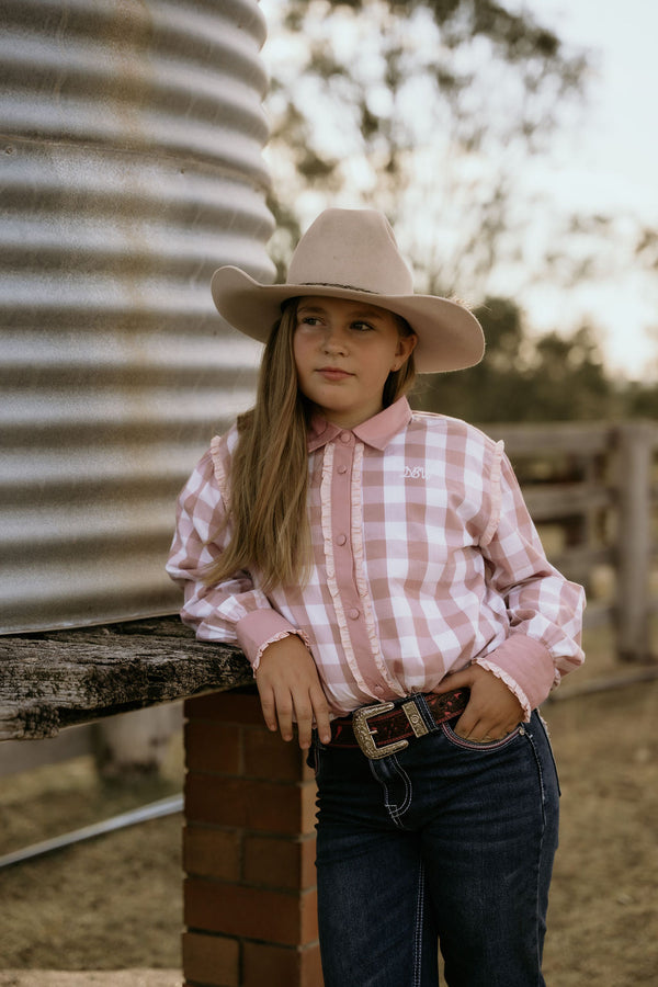 Girls – Bonnie Lou Pink Gingham Ruffle Arena Shirt | Full Button Cowgirl Western Shirt (Kids)