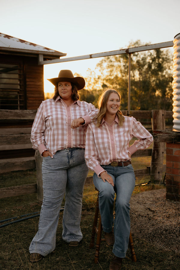 Women’s - Bonnie Lou Pink Gingham Ruffle Arena Shirt | Full Button Cowgirl Western Shirt