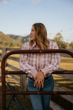 Women’s - Bonnie Lou Pink Gingham Ruffle Arena Shirt | Full Button Cowgirl Western Shirt