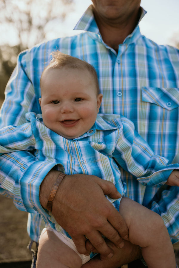 Baby – The River-Gum Blue Green Plaid Arena Romper |Western Cowboy One Piece