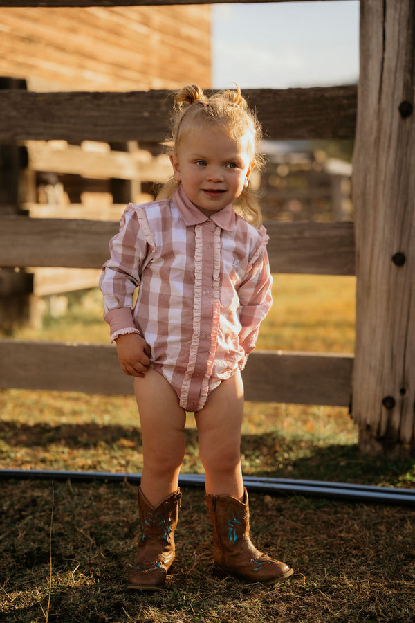 Baby – Bonnie Lou Pink Gingham Ruffle Romper | Western Cowgirl One Piece