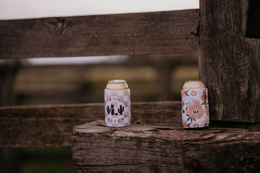 Tan Gingham Western Style Stubby Cooler