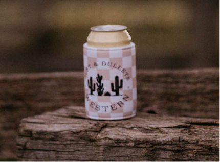 Tan Gingham Western Style Stubby Cooler