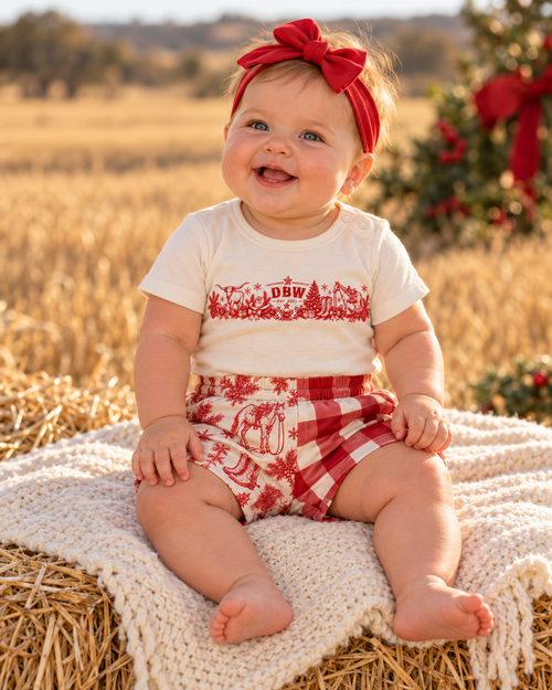 Baby Country Christmas Matching Set – Red (Romper + Footy Shorts)