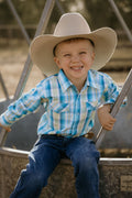 Boys – The River-Gum Blue Green Plaid Arena Shirt | Full Button Cowboy Western Shirt (Kids)