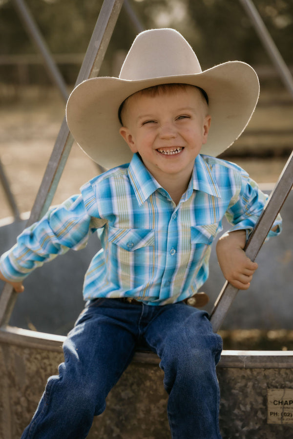Boys – The River-Gum Blue Green Plaid Arena Shirt | Full Button Cowboy Western Shirt (Kids)