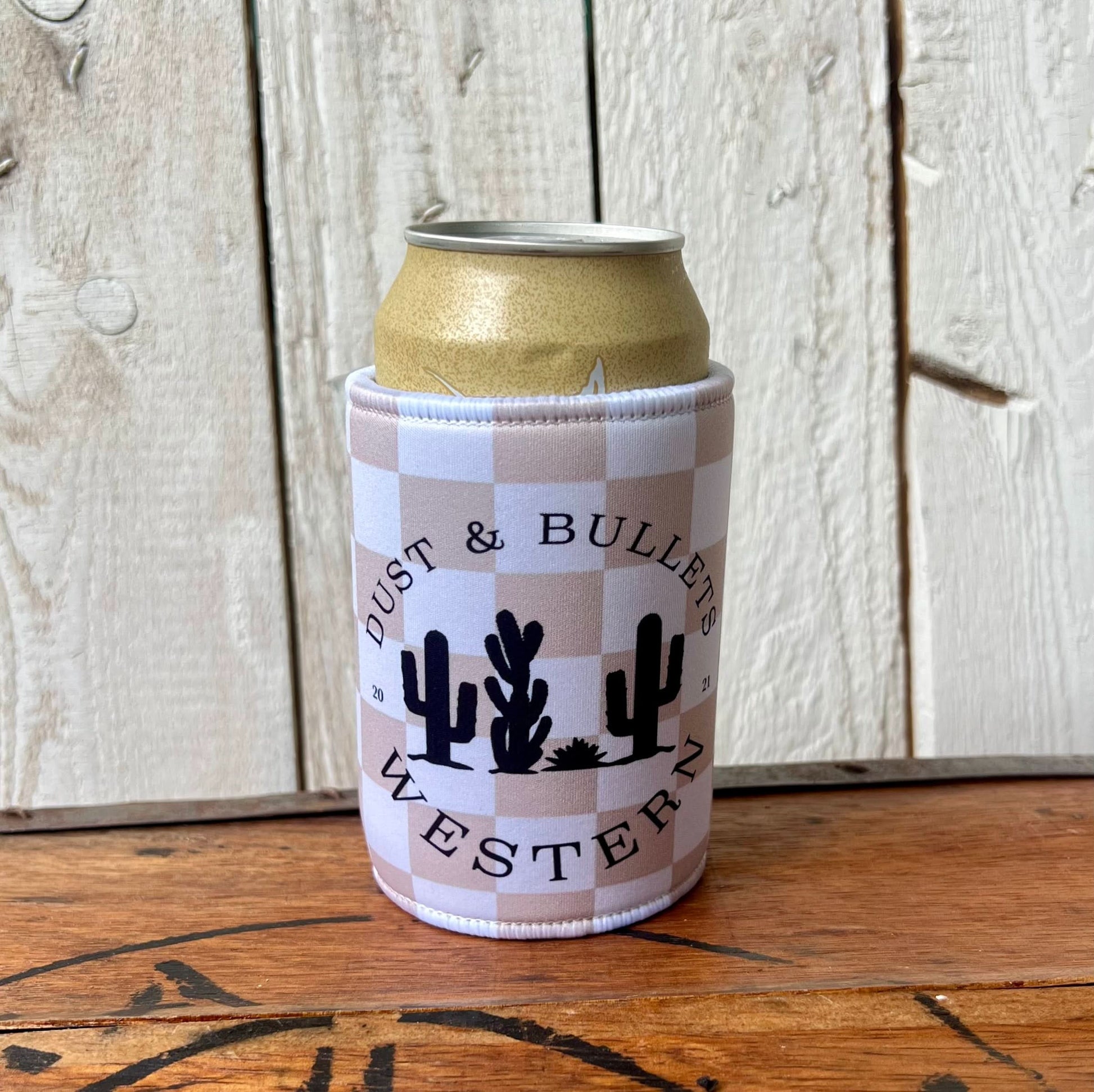 Tan Gingham Western Style Stubby Cooler