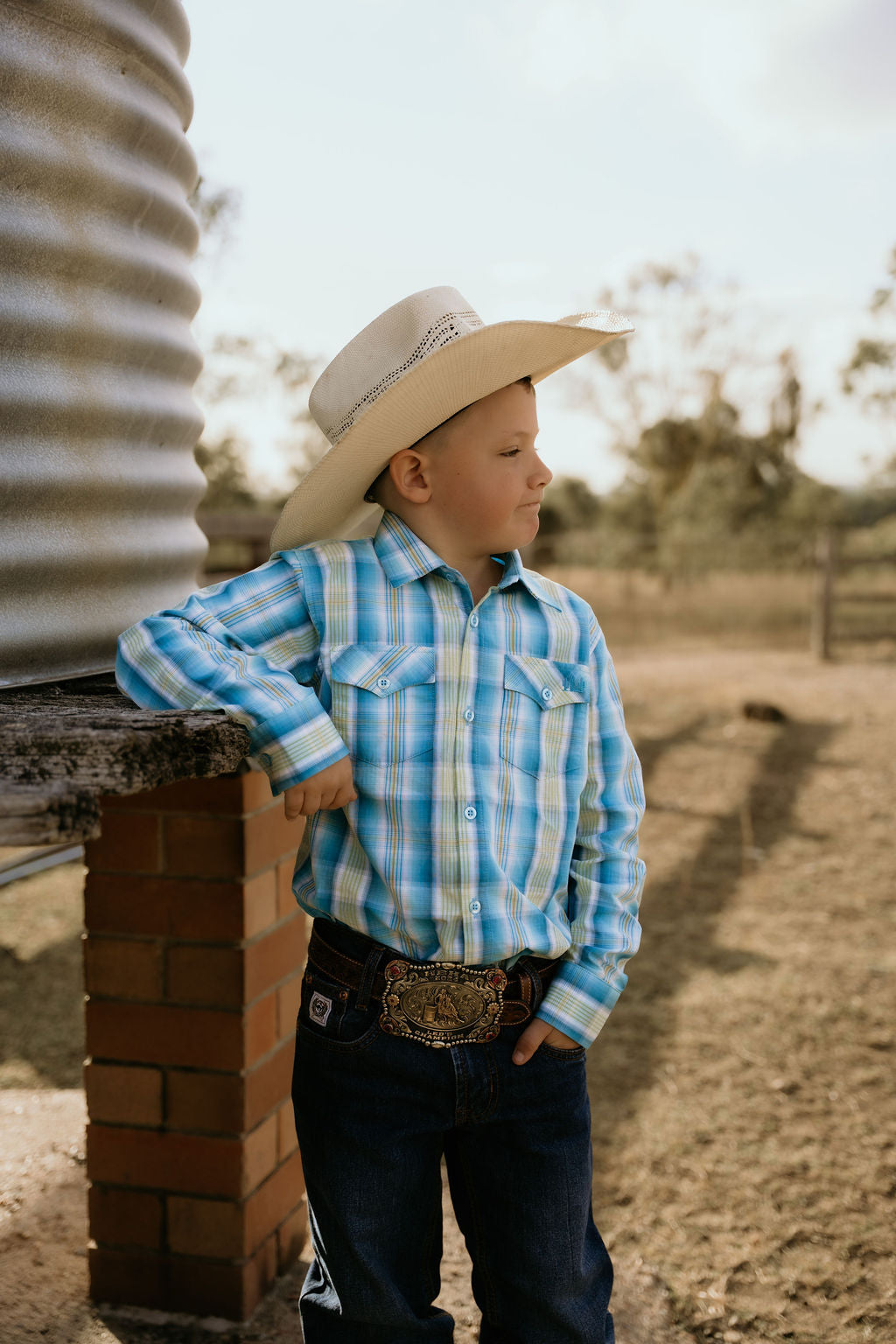 Boys – The River-Gum Blue Green Plaid Arena Shirt | Full Button Cowboy Western Shirt (Kids)