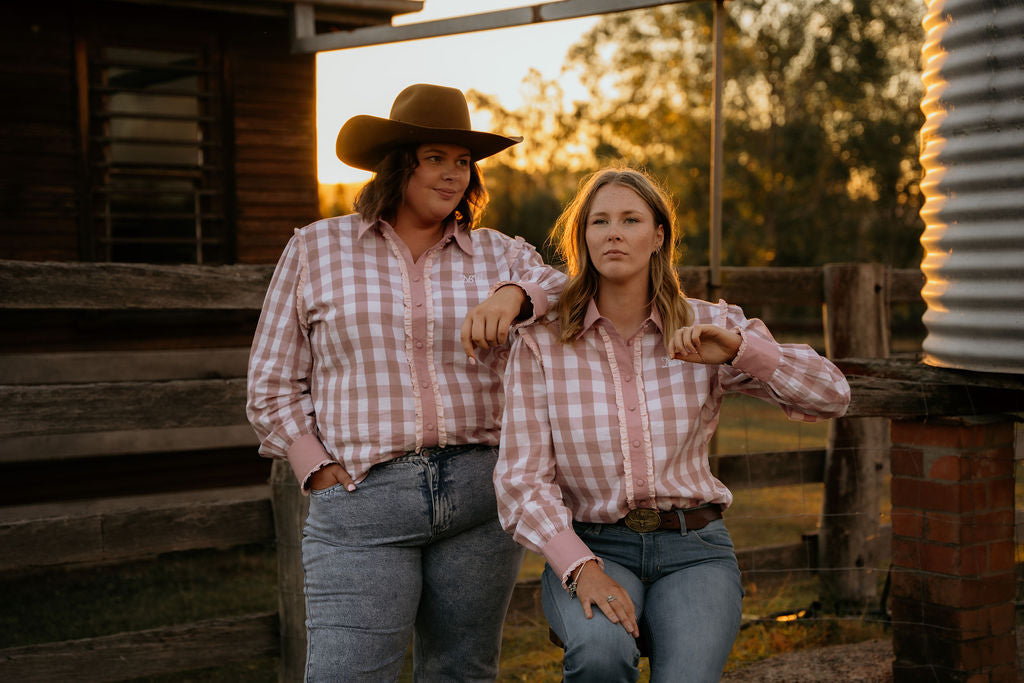 Women’s - Bonnie Lou Pink Gingham Ruffle Arena Shirt | Full Button Cowgirl Western Shirt