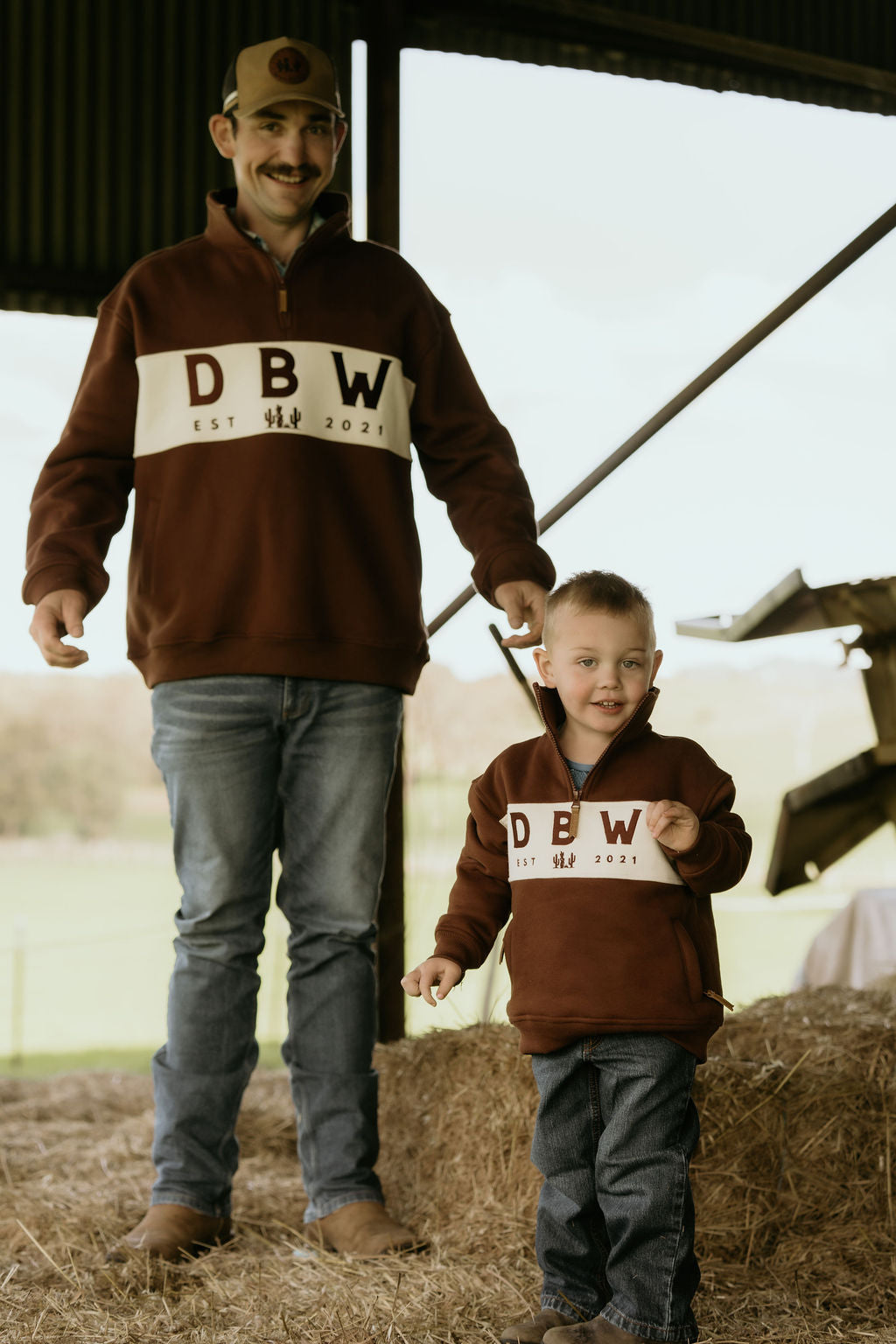 KIDS - Staple 1/4 Zip Jumper - Brown + Cream