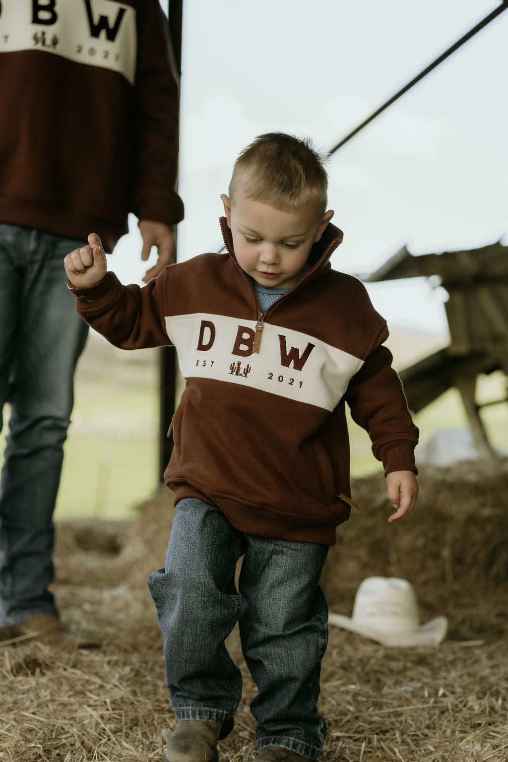KIDS - Staple 1/4 Zip Jumper - Brown + Cream