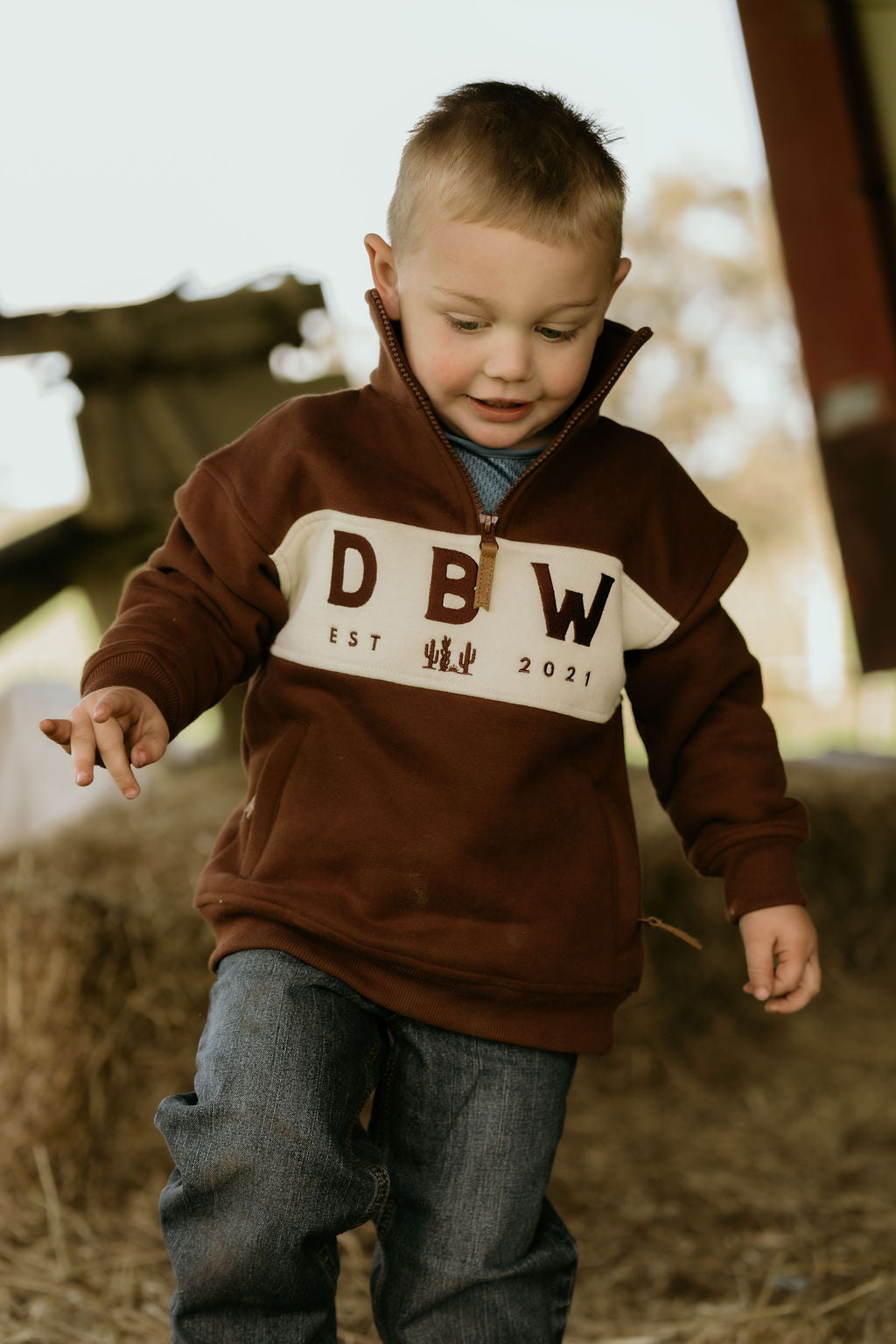 Kids Staple 1/4 Zip Jumper, Brown + Cream
