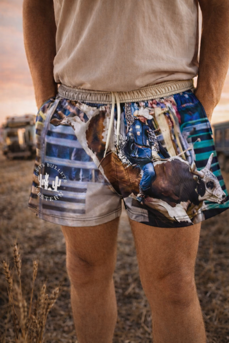 Bull Rider Western Footy Shorts – Unisex Rodeo Print