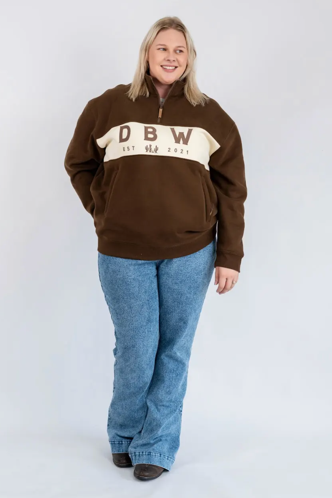 DBW Staple Half Zip Jumper - Brown + Cream