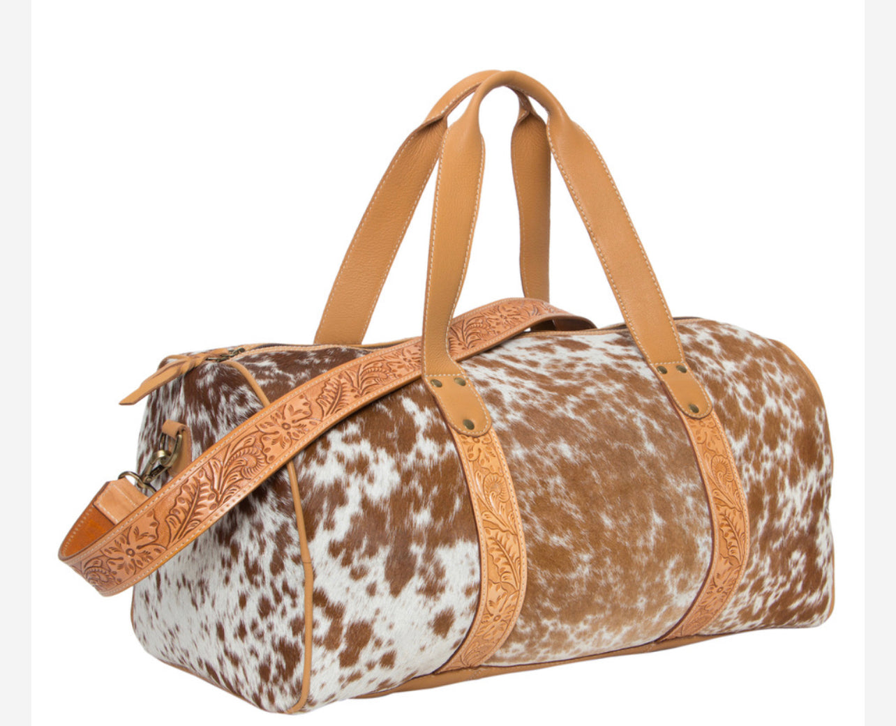 Hand Tooled Leather and Cowhide Duffle Bag