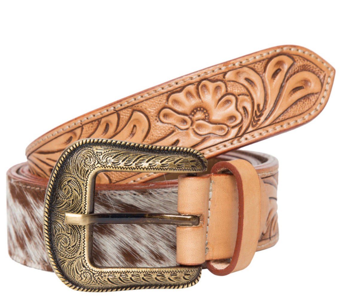Dutton Cowhide and hand tooled leather belt
